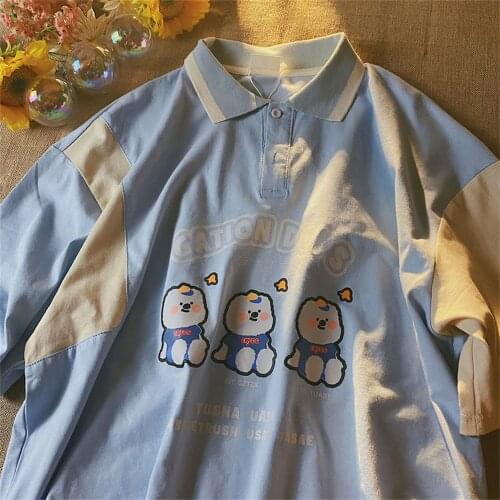 Cartoon Harajuku Oversized White Blouse Women Polo Shirt Student Letter Print Shirt Women’s Cotton Top Cheap Women Button Top