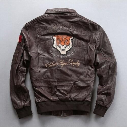 2021 Mens Genuine Leather Jacket Tiger Embroidered Leather Flight Suit Casual Style Large Size 4XL Sheepskin Jacket