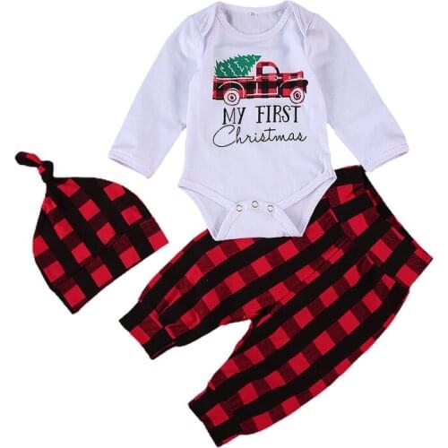 0-24M Newborn Christmas Outfits Infant Long Sleeve Letter Print Romper Top + Plaid Trousers + Knotted Cap 3Pcs Outfit Set
