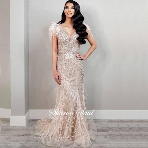 Luxury Dubai Champagne Mermaid Evening Dress Feathers V-Neck Backless African Prom Formal Dresses for Women Wedding Party Gown