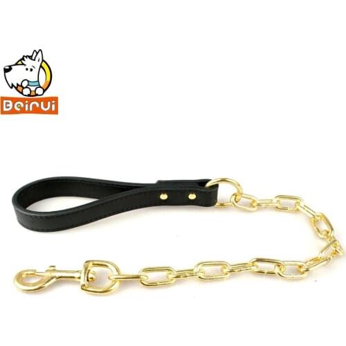 Dog Pet Training Leashes Leads Golden Chrome Chain With Leather Handle