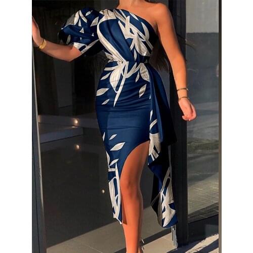 Sexy Print One Shoulder Puff Sleeve Slit Dress