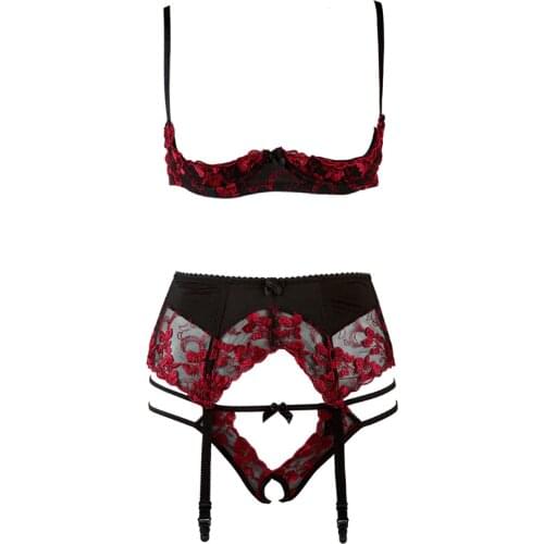 Sexy Lingerie for Women Erotic Set Flower EmbroideryUnlined Open Cup Underwire Bra Crotchless Briefs Thong Underwear with Garter