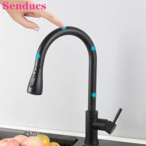 Senducs Black Touch Kitchen Faucets of Three Ways Pull Out Kitchen Mixer Taps Hot Cold Sensor Touch Kitchen Mixer Faucets