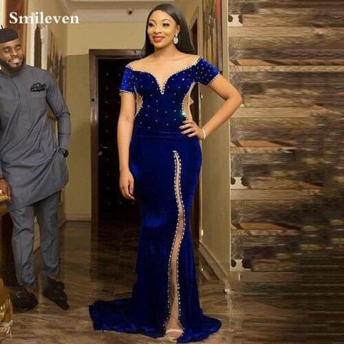 Smileven Royal Blue Velvet Mermaid Evening Dresses Short Sleeve Side Split Party Gowns Caftan Arabic Prom Gowns Custom Made