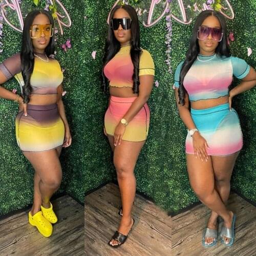 Sexy Tracksuit Women Matching Sets See Through Colorful Shirt And Short Pants Streetwear Outfit