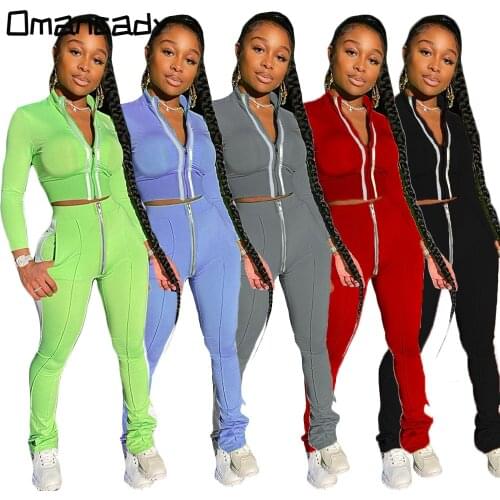 Omancady Women Tracksuits Two Pieces Suit Sets Female Stylish Patchwork Solid Sweatshirt+Pant Zip Sets Joggers Fitness Outfits