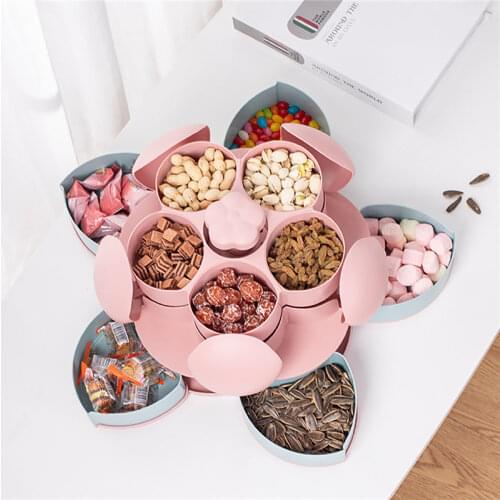 Petal-Shape Rotating Candy Box 2Layer Snack Tray Case Nut Cookies Dried Fruit Plate Food Storage Box Wedding Home Organizer