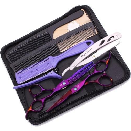 Y1221 6" Purple Professional Hairdressing Hair Scissors Set Barber Hair Cutting Thinning Kit Barber Razor with Blade Comb Case