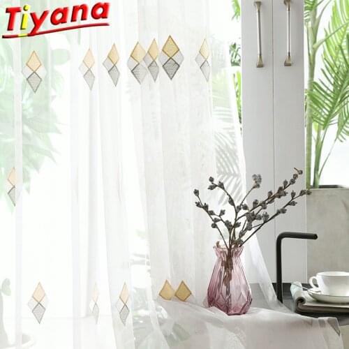 Yellow-Grey Geometric Square Embroidery Curtains for Living Room Cube Diamond Pattern Tulle Guaze for Door Window Balcony 675#VT