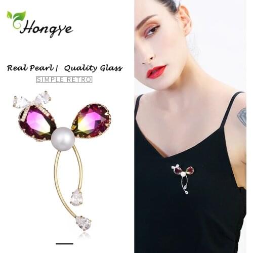 Hongye 2020 Korean Fashion Cute Red Crystal Bowknot Pearls Brooches For Women Simple Party Dress Pins Fine Jewelry Hot Sale