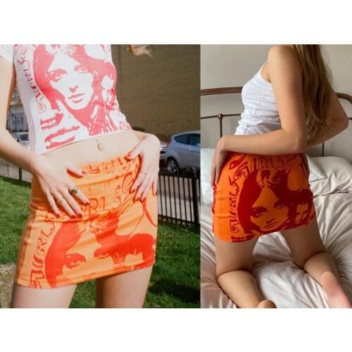 Y2K Gothic Punk Graphic Print Mini Skirt Bag Hip E-Girl Aesthetic 90S Vintage Straight Bodycon Harajuku Skirt Streetwear Women