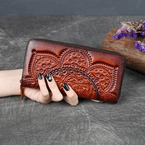 Genuine Leather Women Wallet Long Cowhide Handbag Zipper Coin Purses Ethnic Style Retro Embossed Pocket Ladies Phone Clutch