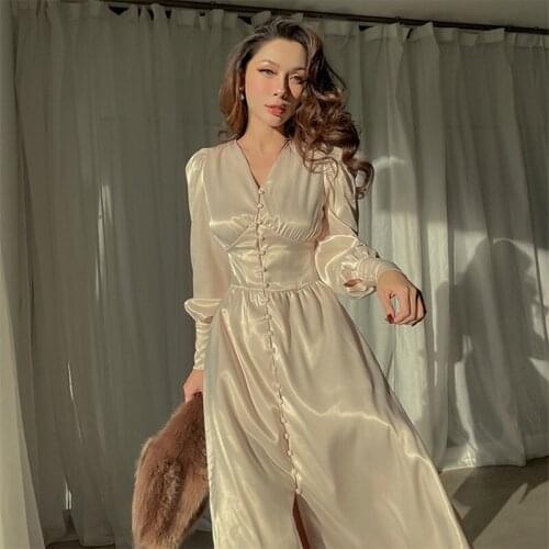 Women V neck Lantern Sleeve Satin Dress Elegant Ladies Party Fit and Flare Midi Dress