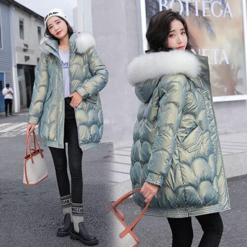 Winter Women Mid-long Parkas Jacket Casual Shiny fabric Big Fur Collar Hood Thicken Warm Parkas Coat 2021 Fashion Outwear parkas