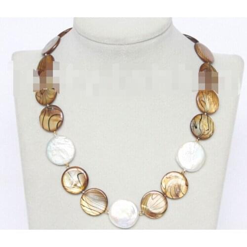 CBN202 Beautiful 18" 20mm coin white pearls champagne sea shell necklace