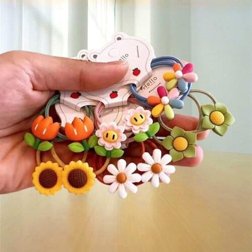 2PCS Lovely Realistic Color Floral Flower Elastic Hair Band Rope Cute Diameter 3 CM Green Pink Yellow White Headwear Gift