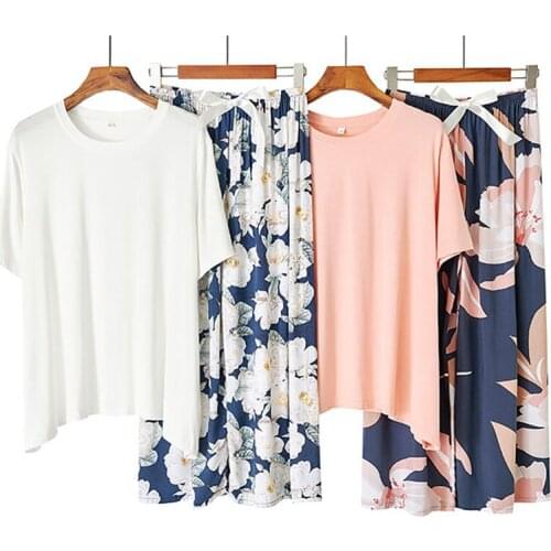 2 Pieces Soft Summer Women Causal Pajamas Sets Ladies Cotton Pyjamas Floral Printed Sleepwear Female Retro Pijama Nightwear Suit