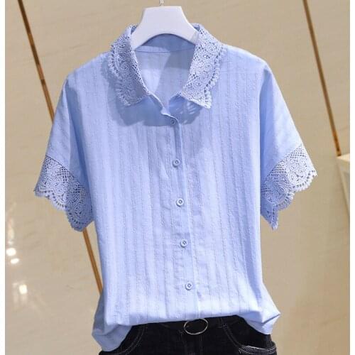 Lace Patchwork Cotton Women Shirts Summer New 2021 Solid Short-Sleeved Elegant Office Lady Buttoming Outwear Tops