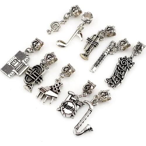 Mix Charms 10pcs/lot Vintage Silver plated Musical beads European charm fit bracelet Pendant DIY jewelry making