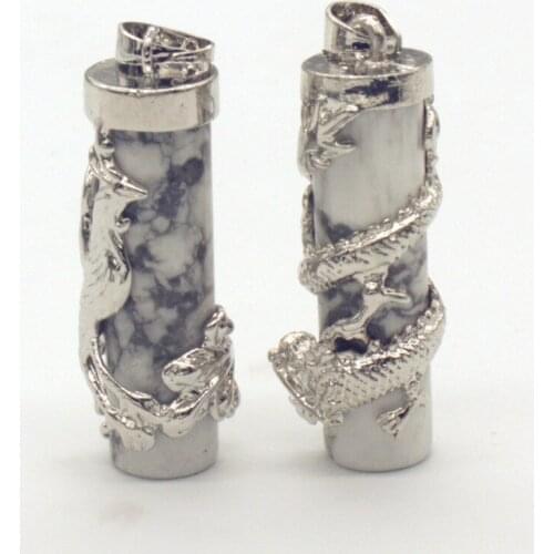 Trendy-beads Vintage Style Silver Plated White Turquoises Stone Cylinder Wrap Chinese Dragon Phoenix Pendant