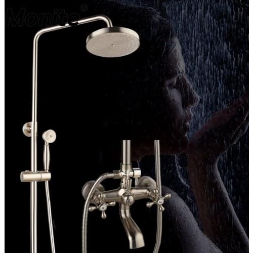 Monite 8 Inch Nickel Brushed Wall Mount Shower Faucet Mixer Tap 3 FunctionS Rain Shower Head Handheld Spray Bathroom Shower Set