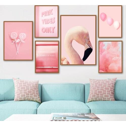 Pink Flamingo Lollipop Balloon Feather Wall Art Canvas Painting Nordic Posters And Prints Wall Pictures For Living Room Decor
