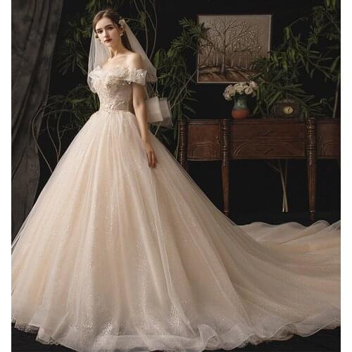 Glitter Beads New Wedding Dress 2021 Boat Neck Champagne Vestido De Noiva Robe De Mariee Bride Ball Gown With Chapel Train