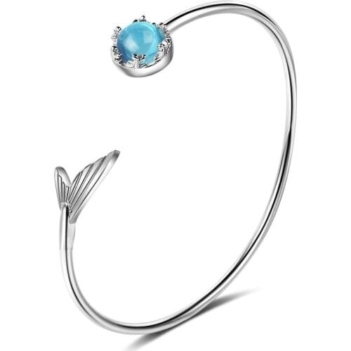 New Arrival 100% 925 Sterling Silver Fashion Sweet Mermaid Tail Blue Crystal Ladies Bangle Jewelry For Women Birthday Gift
