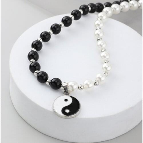 Hip Hop Tai Chi Gossip Necklace for Women Statement Yin Yang Black White Pearl Necklace Beaded Round Pendant Necklaces for Men