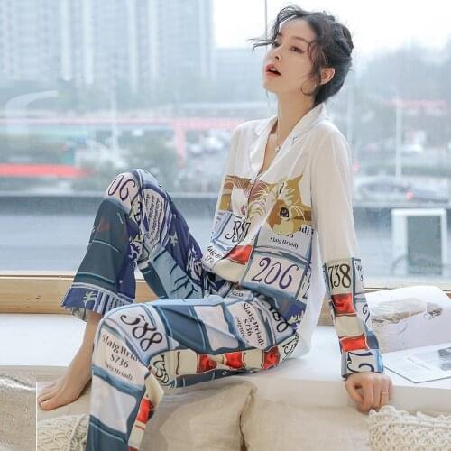 Pajamas Set Female Spring and Autumn New Style Womens Casual Fold-Down Cardigan Long Sleeve Large Size Cartoon Nightshirt Girls