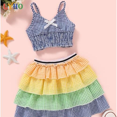 Toddler Girls Dress Plaid Stitching Skirt Summer Beach Rainbow Gingham Cut and Sew Shirred Cami Dress Kids Clothes Baby Costume