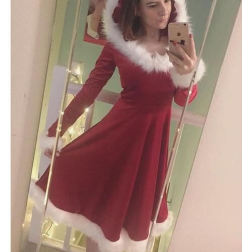 New Year Christmas Dress Women Adult Xmas Santa Costume Sexy Costume Long Sleeve Plush Warm Hooded Fancy Pleated Dresses