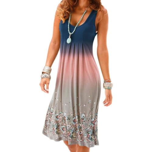New Fashion Women Summer Dresses Sexy Sleeveless Beach Dress Female Gradient Casual Plus Size Dress Floral Printed Vestidos