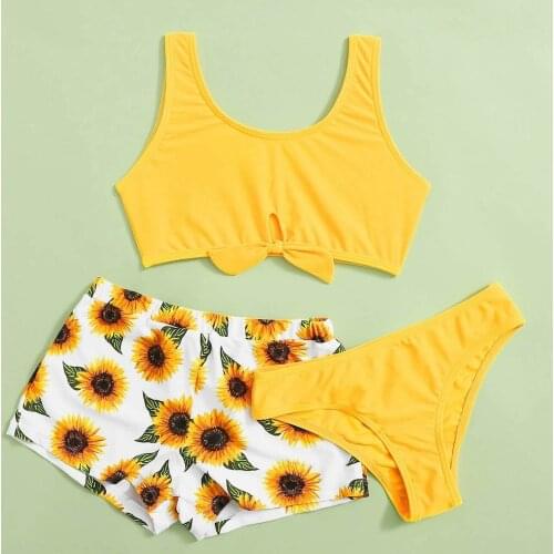 Printing Bikini Baby Clothes Girls' Summer Cute Crisscross Sunflower Floral Print Three-piece Swimsuit 2021 Swimsuit Kids Girl