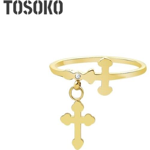 TOSOKO Stainless Steel Jewelry Ins Zircon Cross Pendant Ring Fashion Finger Ring BSA158