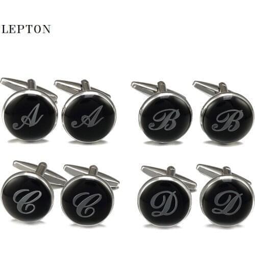 Lepton Black Round Letter A to Z Cufflinks For Mens 30 Pair/Lots Letters cuff links Men shirt cuffs Cufflink Relojes Gemelos