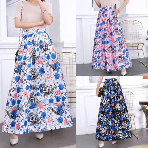 New Pleated Skirts Print Pattern Elastic High Waist Skirt Women Party Holiday Plus Size Vintage Floral Ankle Empire Skirt