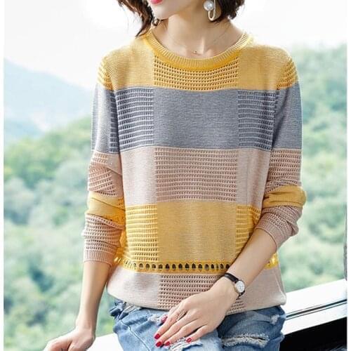 Women Hollow Out Pullover Summer Cool Ladies Knitted Crochet Tops Casual Yellow Jumper Knit Korea Striped Female Knitwear Pull
