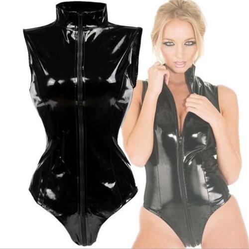 Women Fetish Black Latex Bodysuit Gothic Faux Leather Catsuit Crotch Zipper Open Crotch PVC Teddy Jumpsuit Sexy Clubwear Costume