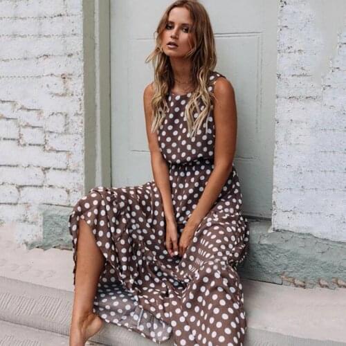 Women Spring Summer Dress Sleeveless Brown Dot Maxi Dress Vintage Sundress Beach Elegant Ladies Dress Loose Casual Long Dress