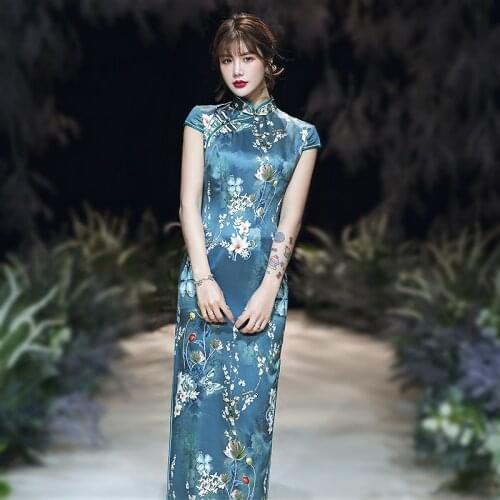 Sheng Coco Royal Blue Chinese Evening Dress Women Clothing Cheongsam Flowers Long Evening Dress Silk New Chinese Style Qipao