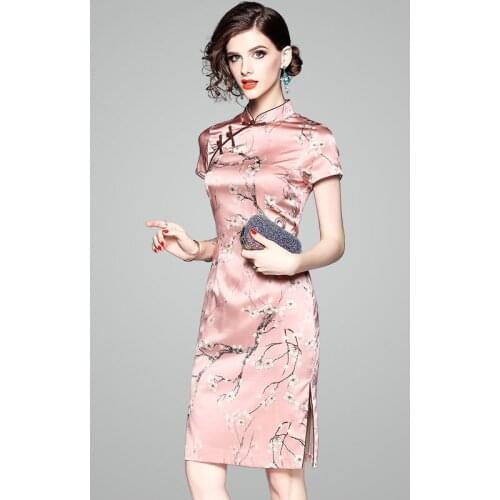 Pink Fashion Embroidery Cheongsam Dresses Women Chinese Dress Qipao Oriental Style Clothing Vintage Gown Chinoise Silk Qi Pao