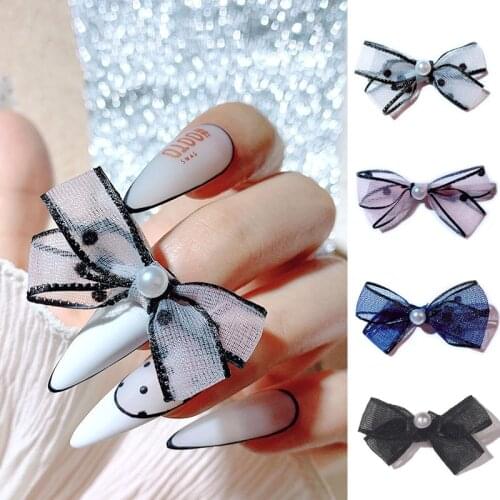 10Pcs Chiffon Tulle Bow Nail Art Decorations 3D Gauze Dots Bowknots Pearl Nail Jewelry Organza Lace Charm Manicure Accessories