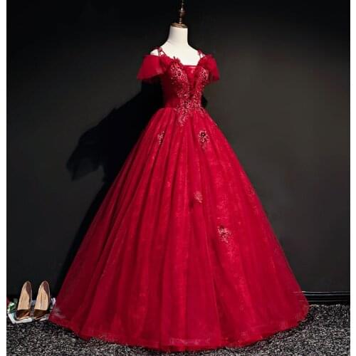 100%real wine red embroidery rococo ball gown court medieval dress renaissance Gown queen Victorian /Marie/drama/ball gown
