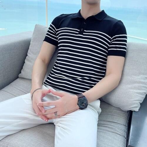 2021 Summer Short Sleeve Slim Polo Shirts Men Fashion Striped Business Casual Polo Shirts Office Social Lapel Top Men Clothes
