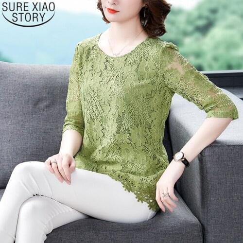 2021 New Korean Clothes OL Style Hollow Out Women Lace Long Shirts Three-Quarter Sleeve Fashion Plus Size Loose Blouse 10283