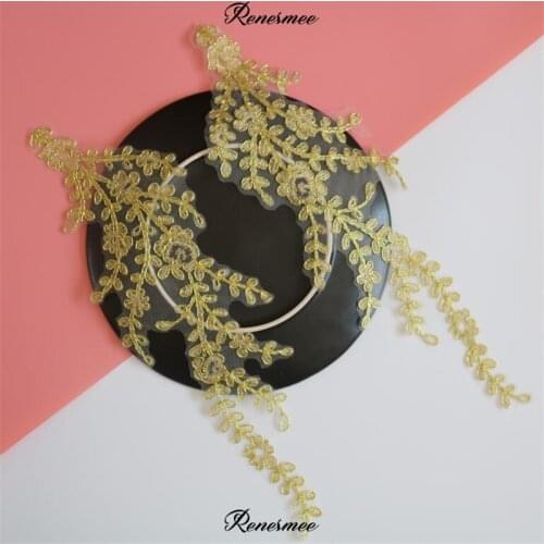 3Pairs Gold Willow Leaves Venise Lace Appliques in Lace Embroider Patch Wedding Dress Lace Decoration Collar DIY 36.5X10cm SX298