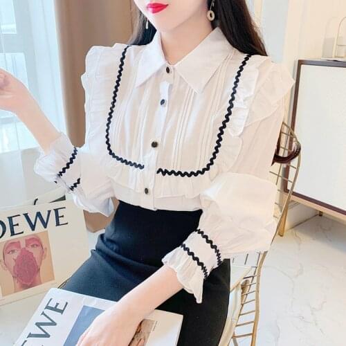 Korean Casual All-Match White Blouse Women2021 Spring New Lapel Ruffle Sweet Fashion Trumpet Sleeve Elegant Style Blouses Autumn