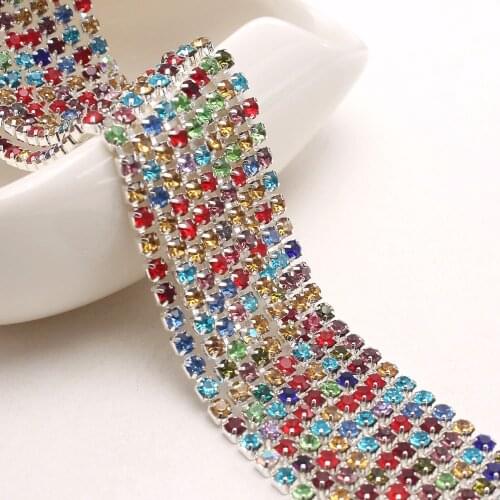 MHS.SUN SS6/8/10/12 10Yards Multicolor Claw Crystal Rhinestones Chain Gradient DIY Dense Silver Base Rhineston Chain For Decor